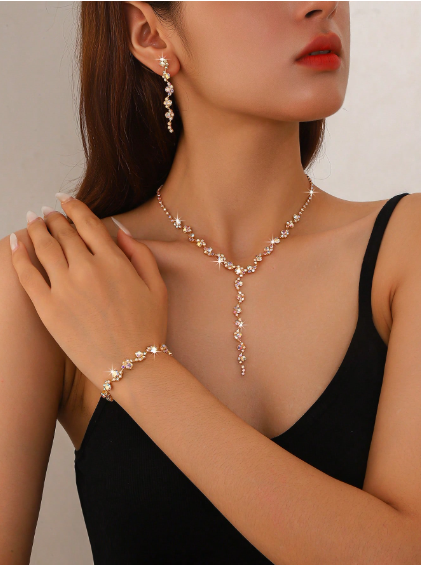 Shein Women's Elegant Crystal Wave Bridal Jewelry Set