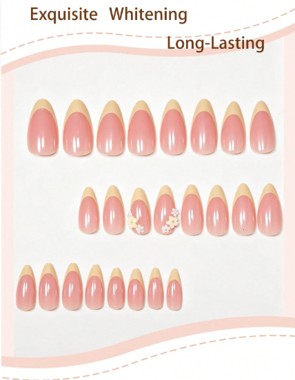 Shein 24pcs Elegant Floral Cream Yellow French Full Coverage Fake Nails Set