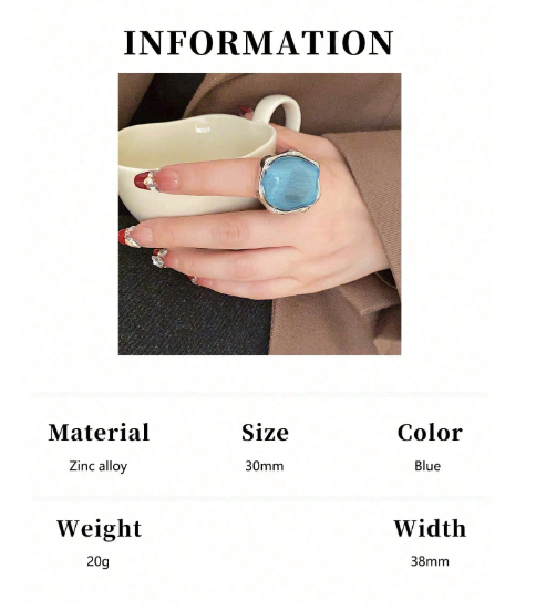 Shein 1pc Asymmetrical Open Metal Blue Transparent Ring, Mint Blue >