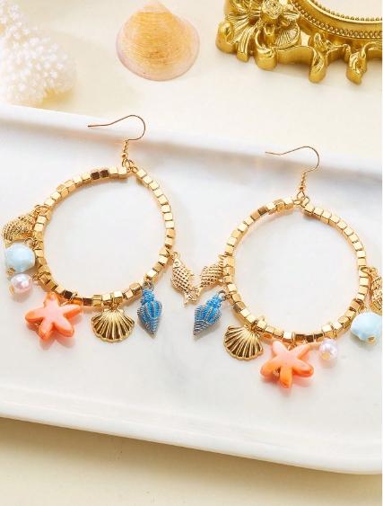 Shein 2pcs Vacation Style Starfish, Seashell, Seahorse Earrings >