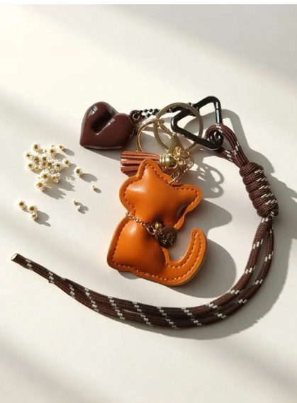 Shein 1pc Handmade Cute Keychain, Cartoon Cat Tassel Design Keychain >