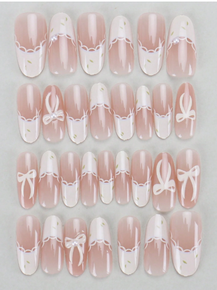 Shein 30pcs Of Medium Almond Shaped White Faux Pearl Bow Sweet & Cool Women's Nail Patches