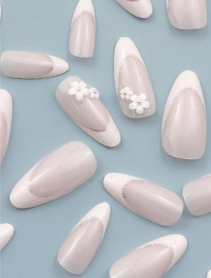 Shein 3D White & Pink Floral Design, Medium Almond Shape Press-On Nails