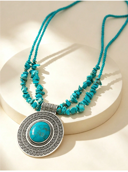 Shein 1pc New Bohemian Vintage Handcrafted Asymmetrical Stone Beaded Necklace >