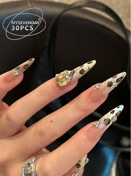 Shein 30pcs Long Water Drop Shaped Press-On False Nails, Leopard Print
