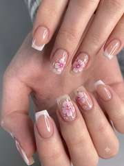 Shein 24Pcs French Tip Press on Nails Short Square Nude Pink Cherry Blossom Flower Soft Nails Glossy-.
