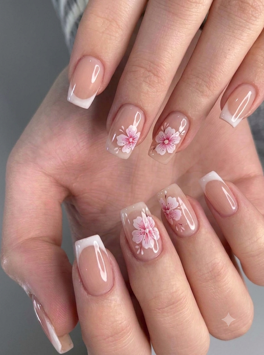 Shein 24Pcs French Tip Press on Nails Short Square Nude Pink Cherry Blossom Flower Soft Nails Glossy-.