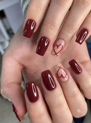 Shein 24pcs Short Square Red Heart Nail Stickers, Acrylic Material With Rhinestone Design-.