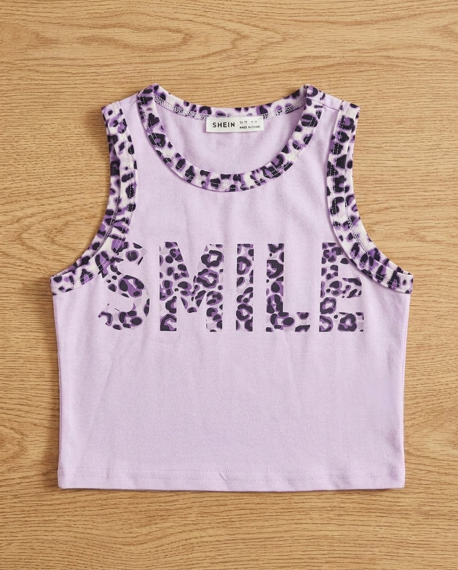 Shein Girls Lilac Leopard Trim "SMILE" Printed Sleeveless Tank Top