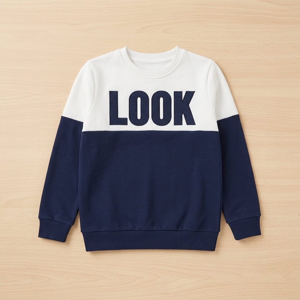 PatPat Boys Navy & White Color-Block "LOOK" Printed Long Sleeve Sweatshirt (Size 11-12Y)