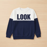 PatPat Boys Navy & White Color-Block "LOOK" Printed Long Sleeve Sweatshirt (Size 11-12Y)