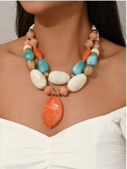 Shein 1pc Bohemian Green & Brown Resin DIY Handmade Beaded Necklace>