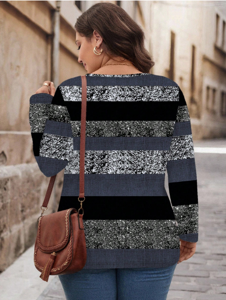 Shein Striped Colorblock Pattern Loose Fit Half-Zip Round Neck Long Sleeve T-Shirt -.