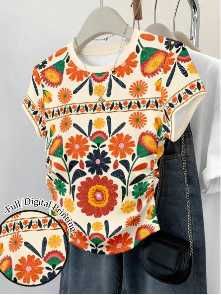 Shein Women's Waist Cinched Short Sleeve Flower Print Graphic Top, M >
