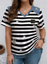 Shein Printed Striped Pattern Patchwork Round Neck Short Sleeve Casual Plus Size T-Shirt, 3XL>