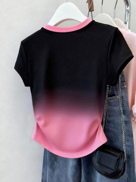 Shein Black And Pink Ombre Bow Print Women T-Shirt, Waist Cinched Top -.