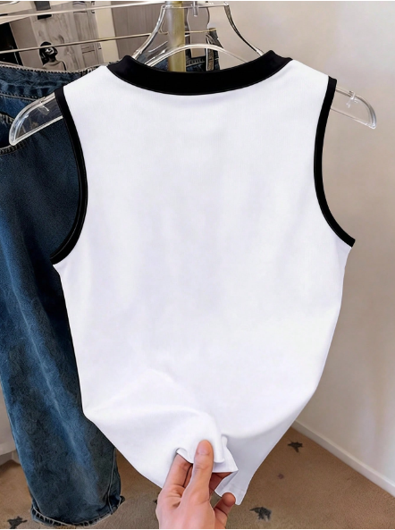 Shein Letter Print Contrast Color Round Neck Casual Tank Top, M>