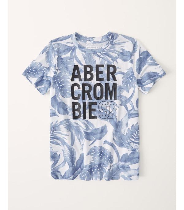 Abercrombie White/Light Blue Tropical Print Logo Graphic Tee, 9-10T +
