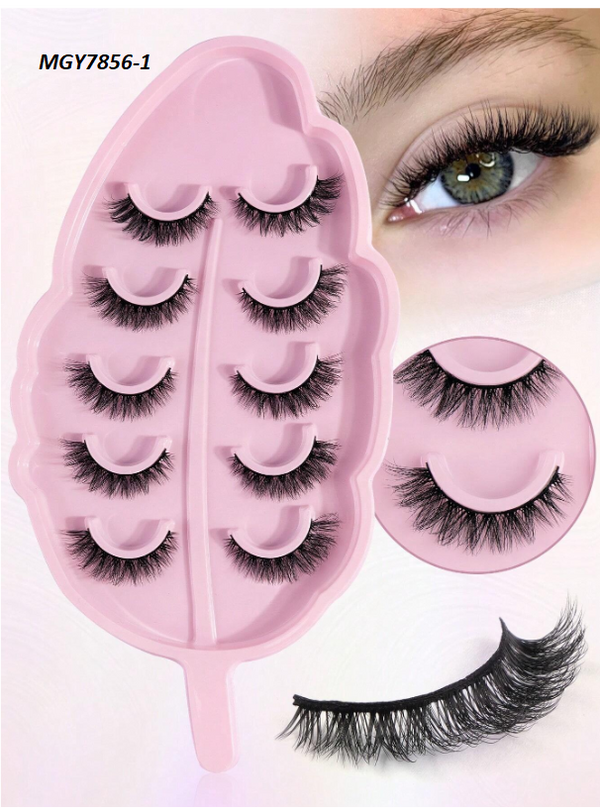 Shein 5pairs 3D Faux Mink Hair Fluffy False Eyelashes With Leaf-Shaped Tray ,MGY7856 +