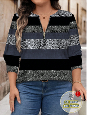 Shein Striped Colorblock Pattern Loose Fit Half-Zip Round Neck Long Sleeve T-Shirt -.