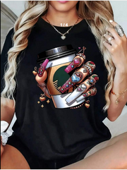 Shein Rhinestoned Coffee Print Black T-Shirt, XL -.