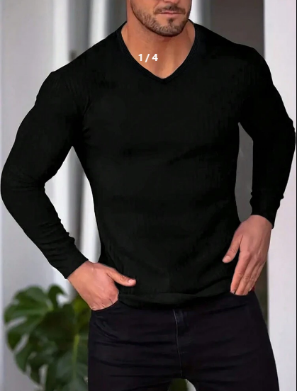 Shein Versatile Solid Color Slim Fit V-Neck Long Sleeve T-Shirt, XL >