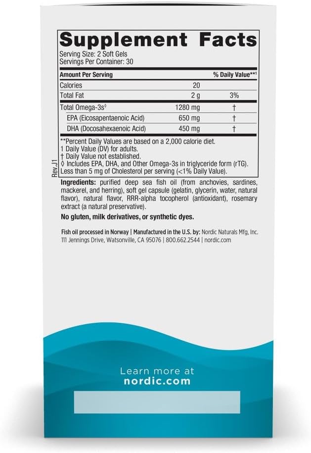 Nordic Naturals Ultimate Omega Softgels, Lemon, 1280 mg, Fish Oil, 60 Ct