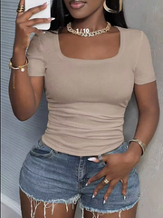 Shein Basic Crew Neck Short Sleeve Fitted Side Ruched Ribbed Stretchy T-Shirt, XL -.