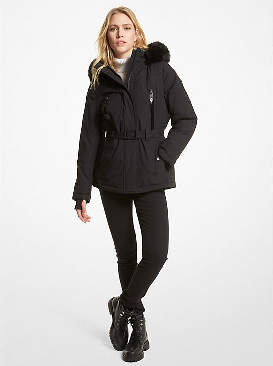 Michael Kors Faux Fur Trim Waxed Belted Parka, M +