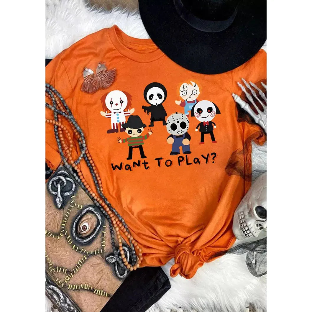Bellelily Halloween Want To Play O-Neck T-Shirt Tee - Orange, M -.