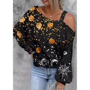 Bellelily Halloween Pumpkin Face Glitter Cold Shoulder Blouse, L +