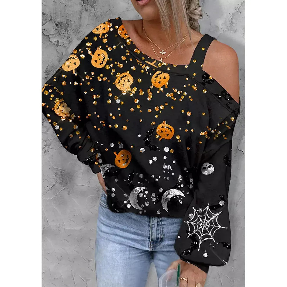Bellelily Halloween Pumpkin Face Glitter Cold Shoulder Blouse, L +