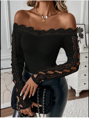 Shein Elegant Solid Color Lace Trim Off Shoulder T-Shirt, M -.