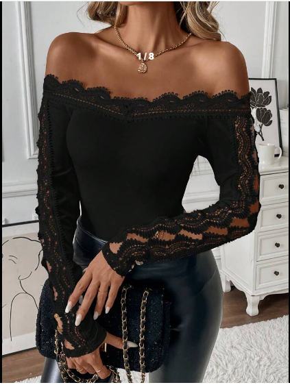 Shein Elegant Solid Color Lace Trim Off Shoulder T-Shirt, M -.