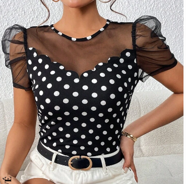 Shein Polka Dot Print Contrast Mesh Puff Sleeve Tee */