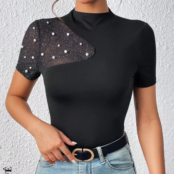 Shein Pearls Beaded Contrast Mesh Mock Neck Tee, S*/