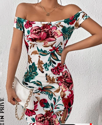 Shein Floral Print Off Shoulder Split Hem Bodycon Dress */