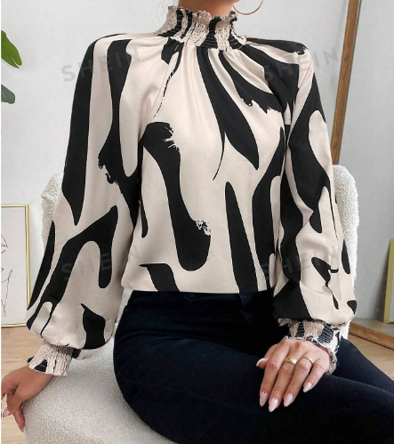 Shein Ruffled Collar Pullover Long Sleeve Printed Blouse, XL /