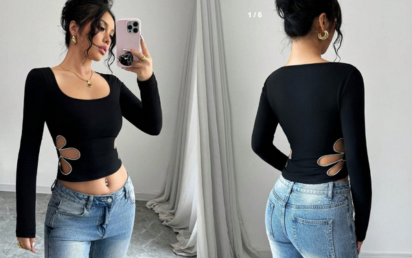 Shein Elegant Round Neck Hollow Floral Fitted Women T-Shirt, M +