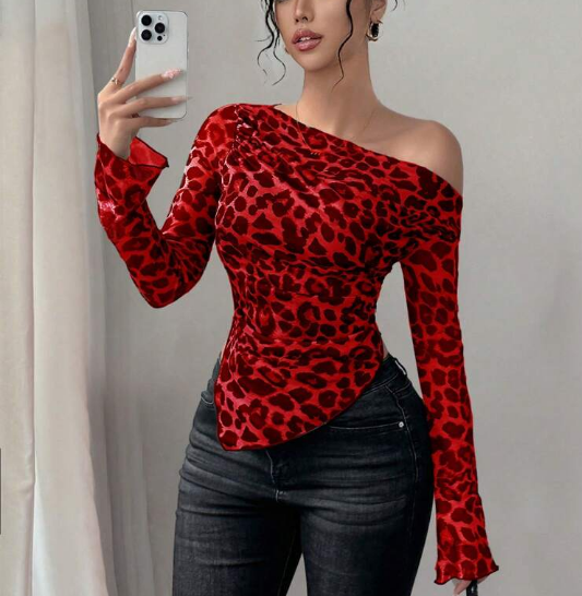 Shein Leopard Print Mesh Sheer Loose Fitted Off Shoulder Long Sleeve Top, M +