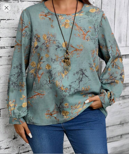 Shein Women's Round Neck Long Sleeve Allover Print Casual Blouse, XXL +