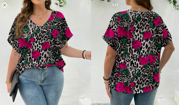 Shein Loose Fit Rose & Leopard Print V-Neck Short Sleeve T-Shirt, 0XL +