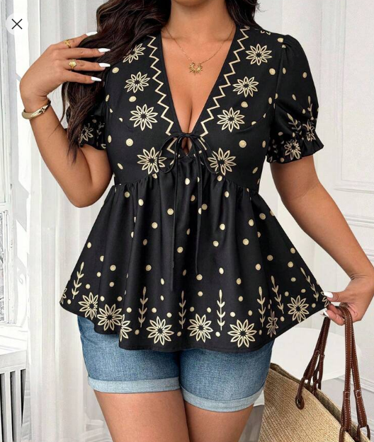 Shein Women Floral Print Short Sleeve Deep V-Neck Fitted Blouse, XXL +