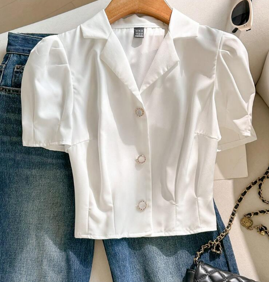Shein Summer White Lapel Collar Puff Sleeve Button Up Blouse, XS +