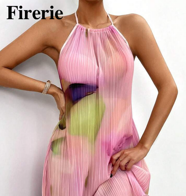 Shein Women Spring/Summer Printed Halter Neck Backless Sexy Pleated Mini Dress +