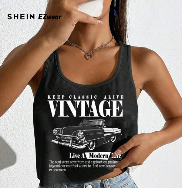 SHEIN EZwear Women's Casual Vintage Car Pattern Black +