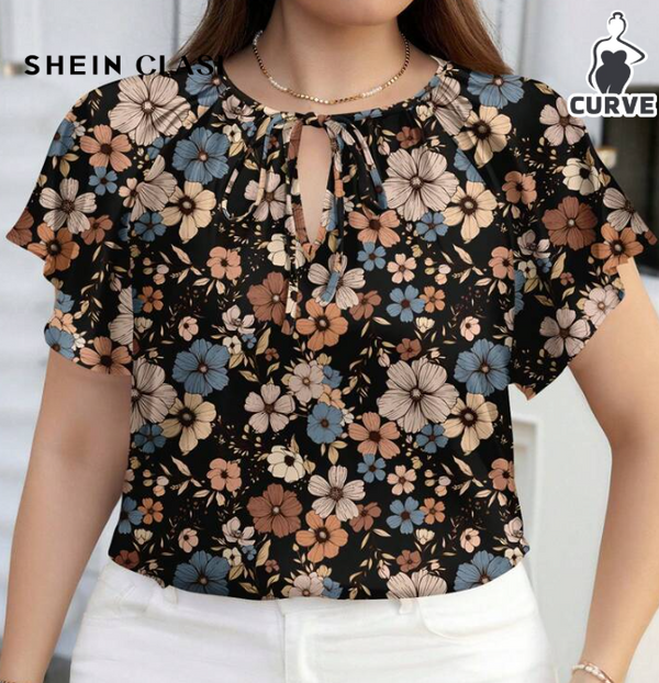 SHEIN Spring/Summer Ditsy Floral Casual Loose Fit Round Nec