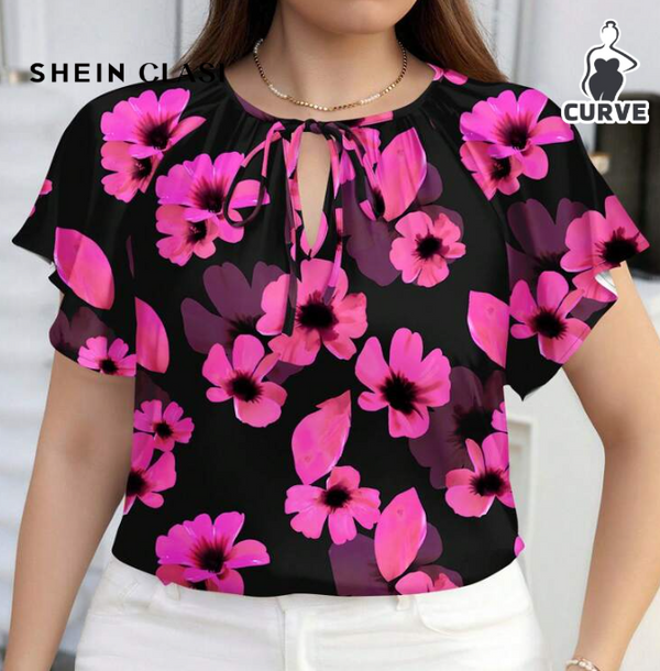 SHEIN Plus Size Floral Print Casual Loose Round Neck  +