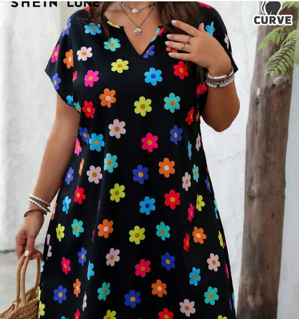 SHEIN  Colorful Floral Print Batwing Short Sleeve Vacation Dress With Notched Neck For Women +