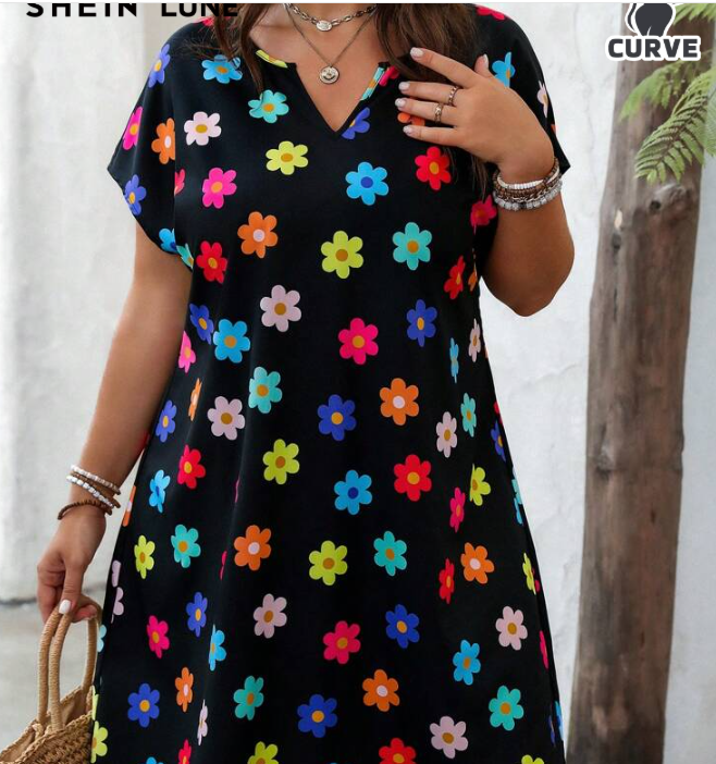 Shein Colorful Floral Print Batwing Short Sleeve Vacation Dress, XXL >